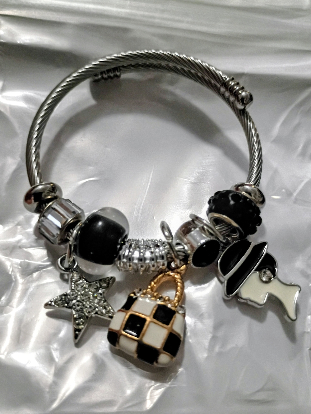 Black and Silver Women's Charm Bracelet with Checkerboard Bag and Star